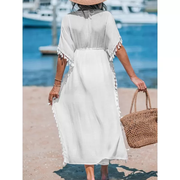 imageCUPSHE Women Kaftan Dresses Tassel Lace Swimsuit Beach Cover Ups Drawstring Caftan Split Maxi DressWhite
