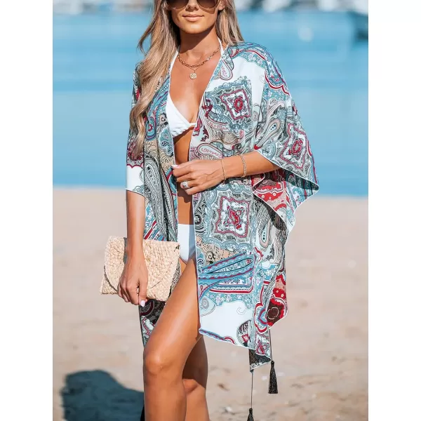 imageCUPSHE Women Kimono Swimsuit Cover Up 2024 Boho Print Loose Resort Cardigan Dolman Sleeve Beach TopBlue Paisley Print