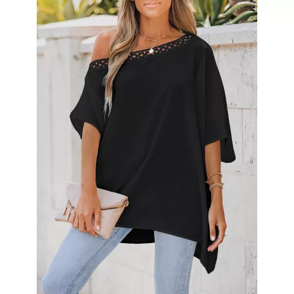 imageCUPSHE Women Lace Asymmetrical Neck Top Short Sleeves Tee Shirts Sexy CasualBlack