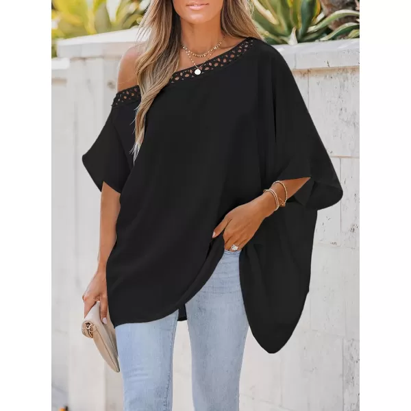 imageCUPSHE Women Lace Asymmetrical Neck Top Short Sleeves Tee Shirts Sexy CasualBlack
