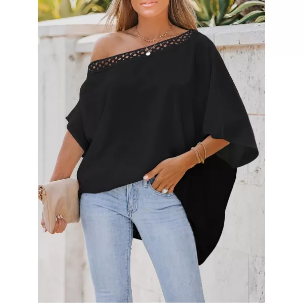 imageCUPSHE Women Lace Asymmetrical Neck Top Short Sleeves Tee Shirts Sexy CasualBlack