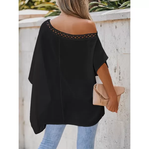 imageCUPSHE Women Lace Asymmetrical Neck Top Short Sleeves Tee Shirts Sexy CasualBlack