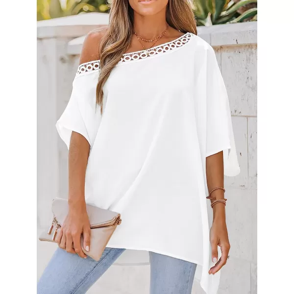 imageCUPSHE Women Lace Asymmetrical Neck Top Short Sleeves Tee Shirts Sexy CasualWhite