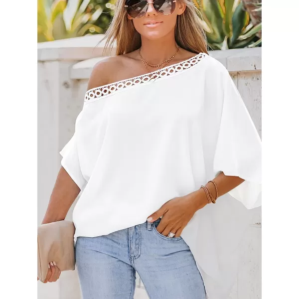 imageCUPSHE Women Lace Asymmetrical Neck Top Short Sleeves Tee Shirts Sexy CasualWhite