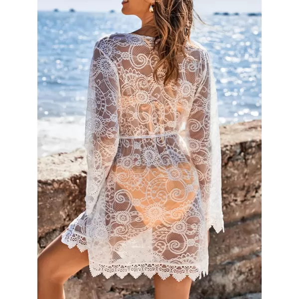 imageCUPSHE Women Lace Beach Cover Up Dress Deep V Neck Summer Vacation Backless Long Sleeve Mini White Elastic WaistCUPSHE Women Lace Beach Cover Up Dress Deep V Neck Summer Vacation Backless Long Sleeve Mini White Elastic Waist