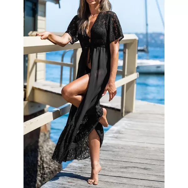 imageCUPSHE Women Lace CoverUp Duster Kimono Dress Casual Summer Short Sleeves Maxi Cover UpBlack