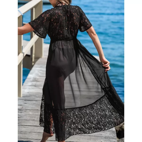 imageCUPSHE Women Lace CoverUp Duster Kimono Dress Casual Summer Short Sleeves Maxi Cover UpBlack