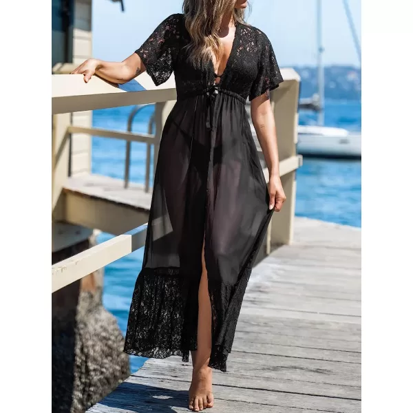 imageCUPSHE Women Lace CoverUp Duster Kimono Dress Casual Summer Short Sleeves Maxi Cover UpBlack