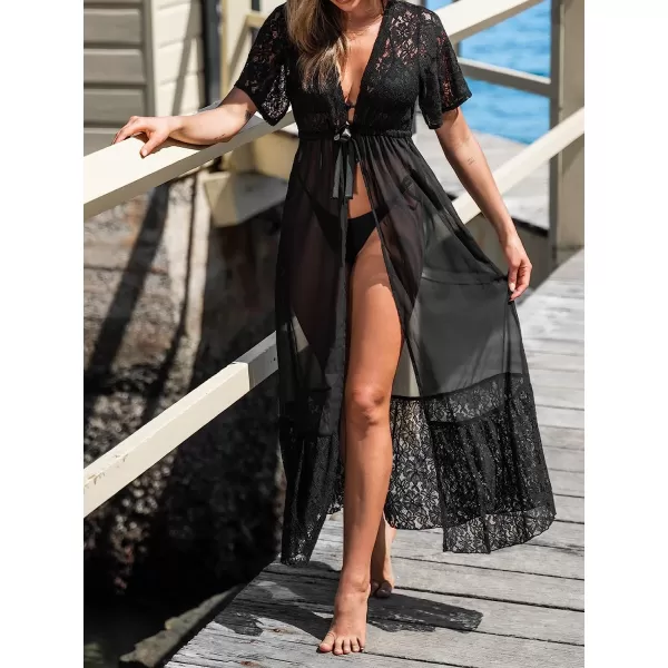imageCUPSHE Women Lace CoverUp Duster Kimono Dress Casual Summer Short Sleeves Maxi Cover UpBlack