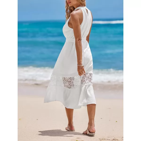 imageCUPSHE Women Lace Dress Halter Belted Sleeveless White A Line Formal Summer DressesWhite