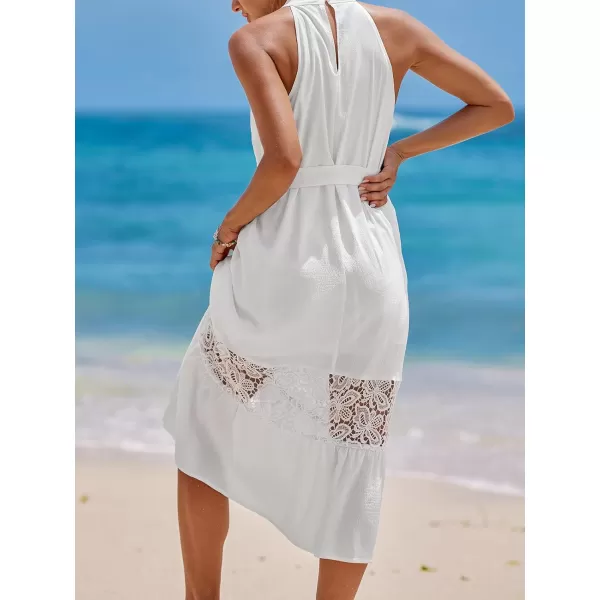 imageCUPSHE Women Lace Dress Halter Belted Sleeveless White A Line Formal Summer DressesWhite