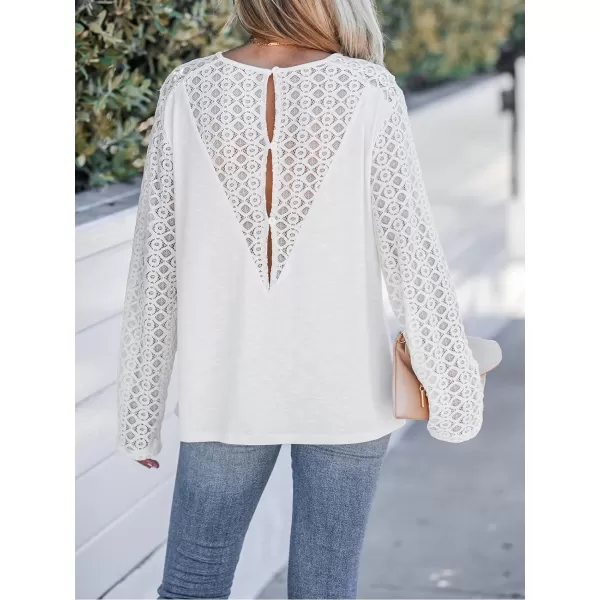 imageCUPSHE Women Lace Tee Blouse Top Round Neck with Long SleeveWhite