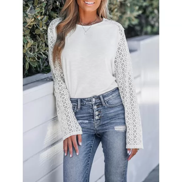 imageCUPSHE Women Lace Tee Blouse Top Round Neck with Long SleeveWhite