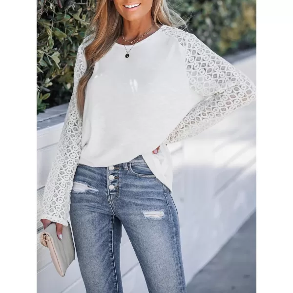 imageCUPSHE Women Lace Tee Blouse Top Round Neck with Long SleeveWhite