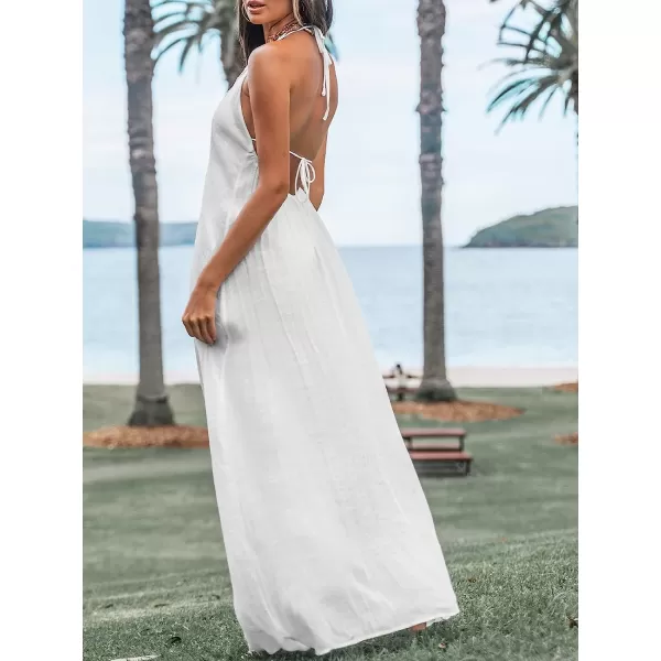 imageCUPSHE Women LaceTrim Plunge Halter CoverUp Dress Casual Summer Sleeveless Cover UpWhite