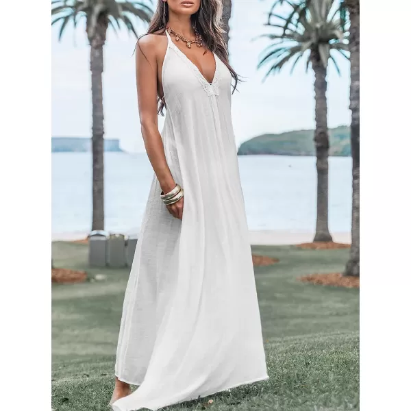 imageCUPSHE Women LaceTrim Plunge Halter CoverUp Dress Casual Summer Sleeveless Cover UpWhite