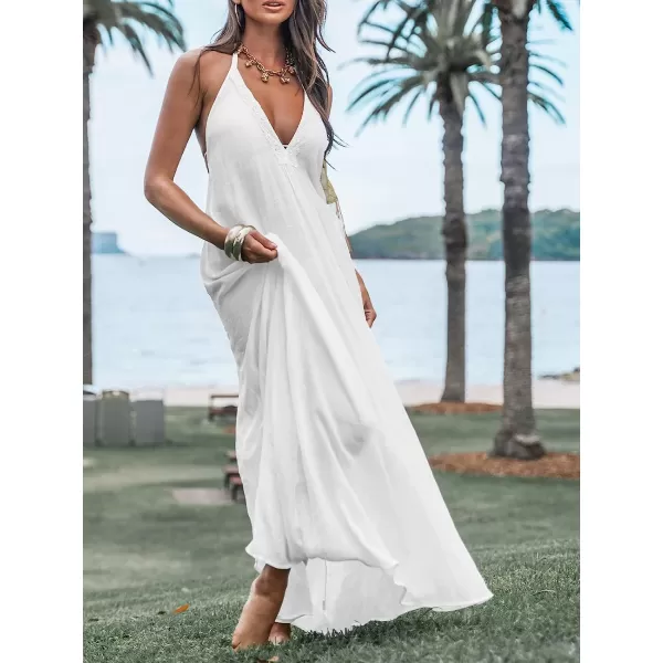 imageCUPSHE Women LaceTrim Plunge Halter CoverUp Dress Casual Summer Sleeveless Cover UpWhite
