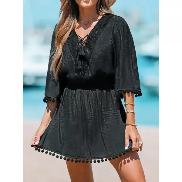 imageCUPSHE Women LaceUp Tassel CoverUp Dress Casual Summer Quarter Sleeves Solid Cover UpBlack