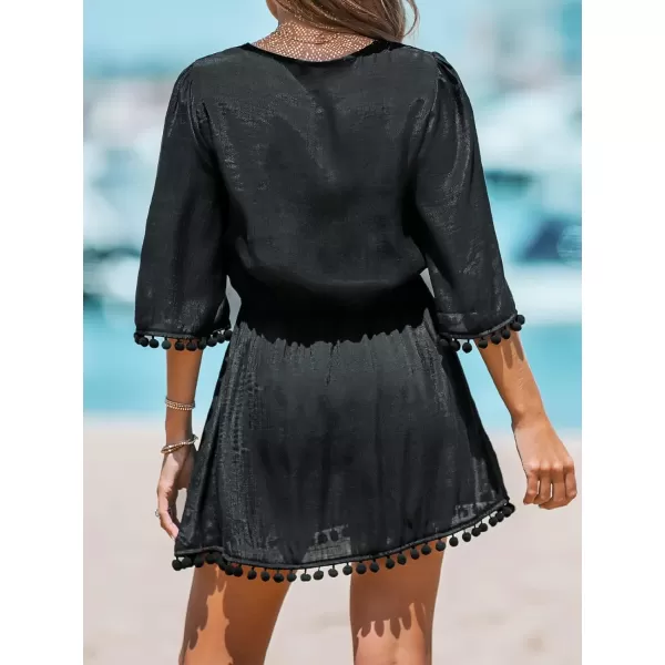 imageCUPSHE Women LaceUp Tassel CoverUp Dress Casual Summer Quarter Sleeves Solid Cover UpBlack
