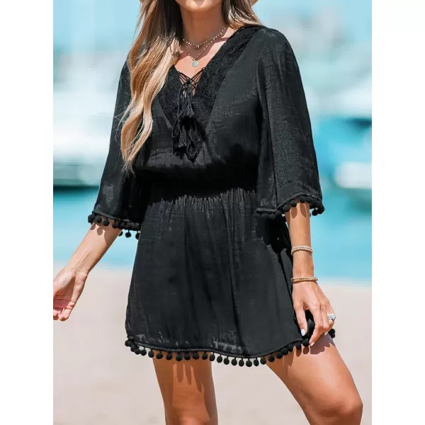 imageCUPSHE Women LaceUp Tassel CoverUp Dress Casual Summer Quarter Sleeves Solid Cover UpBlack