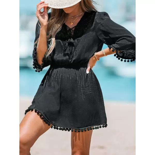 imageCUPSHE Women LaceUp Tassel CoverUp Dress Casual Summer Quarter Sleeves Solid Cover UpBlack