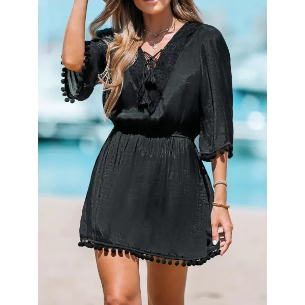 imageCUPSHE Women LaceUp Tassel CoverUp Dress Casual Summer Quarter Sleeves Solid Cover UpBlack