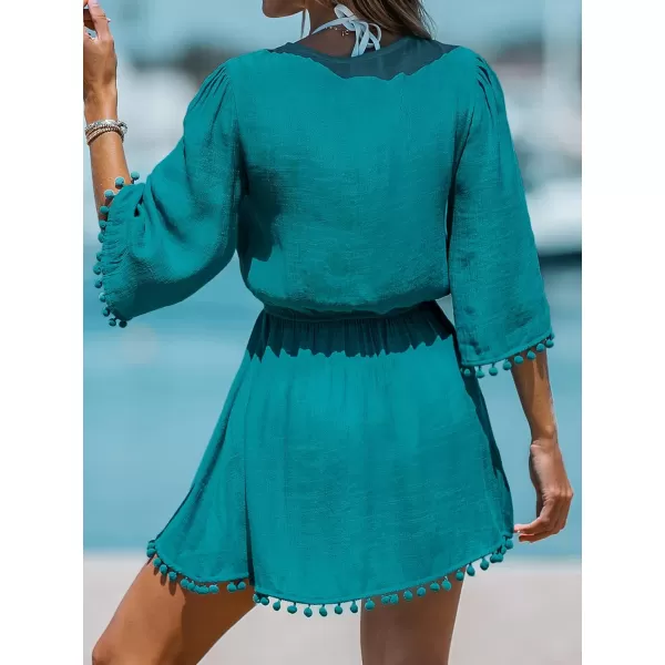 imageCUPSHE Women LaceUp Tassel CoverUp Dress Casual Summer Quarter Sleeves Solid Cover UpBlue