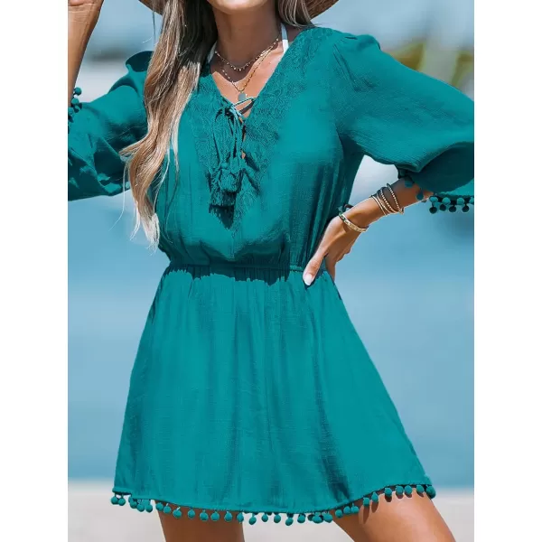 imageCUPSHE Women LaceUp Tassel CoverUp Dress Casual Summer Quarter Sleeves Solid Cover UpBlue