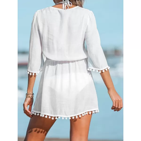 imageCUPSHE Women LaceUp Tassel CoverUp Dress Casual Summer Quarter Sleeves Solid Cover UpWhite