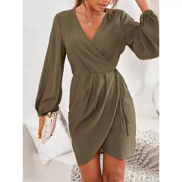 imageCUPSHE Women Lantern Long Sleeve Wrap Dress Winter VNeck Half Formal Slit Midi DressesArmy Green