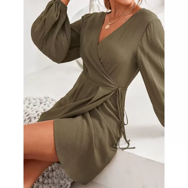 imageCUPSHE Women Lantern Long Sleeve Wrap Dress Winter VNeck Half Formal Slit Midi DressesArmy Green