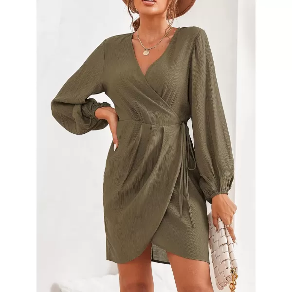 imageCUPSHE Women Lantern Long Sleeve Wrap Dress Winter VNeck Half Formal Slit Midi DressesArmy Green