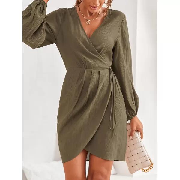 imageCUPSHE Women Lantern Long Sleeve Wrap Dress Winter VNeck Half Formal Slit Midi DressesArmy Green