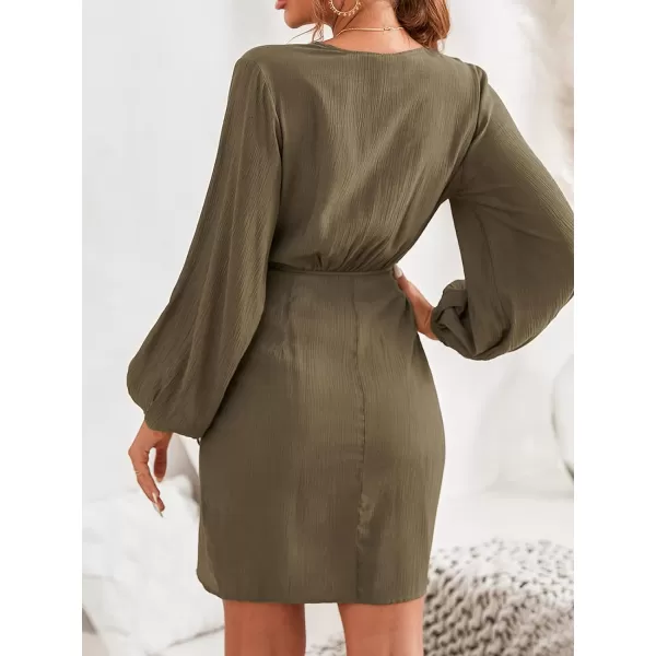 imageCUPSHE Women Lantern Long Sleeve Wrap Dress Winter VNeck Half Formal Slit Midi DressesArmy Green