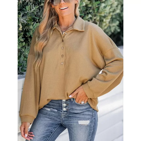 imageCUPSHE Women Latte Waffle Knit ButtonFront Pullover Blouse Top Long SleeveApricot