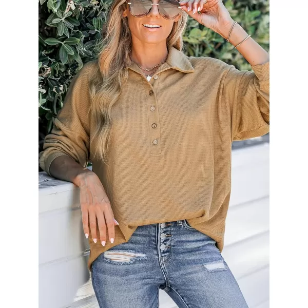 imageCUPSHE Women Latte Waffle Knit ButtonFront Pullover Blouse Top Long SleeveApricot