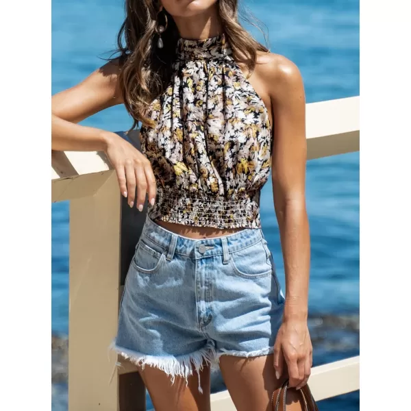 imageCUPSHE Women Leaf Print Smocked Crop Top Casual Mock Neck Sleeveless Tank TShirtsWhite Leaf