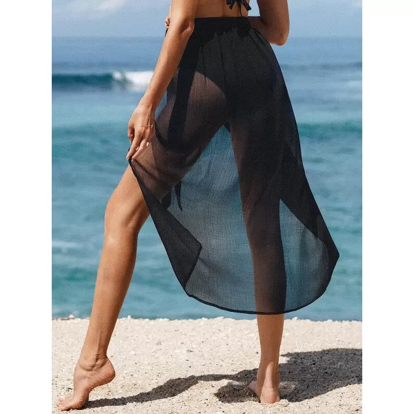 imageCUPSHE Women Long Length Sarong Tie Waist Sheer Cover Up SolidBlack
