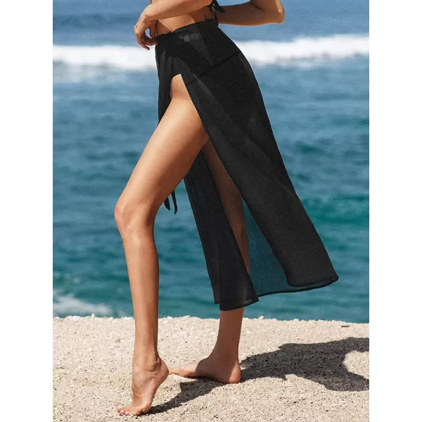 imageCUPSHE Women Long Length Sarong Tie Waist Sheer Cover Up SolidBlack