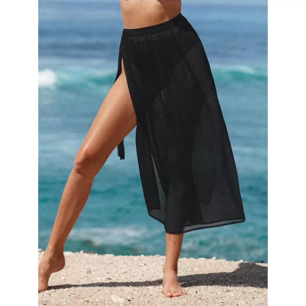 imageCUPSHE Women Long Length Sarong Tie Waist Sheer Cover Up SolidBlack