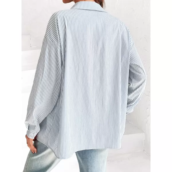 imageCUPSHE Women Long Sleeve Button Down Tops Casual Loose Fit V Neck Stripe BlouseBlue