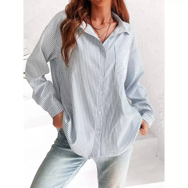 imageCUPSHE Women Long Sleeve Button Down Tops Casual Loose Fit V Neck Stripe BlouseBlue