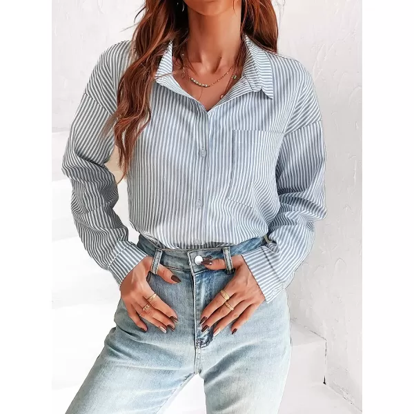 imageCUPSHE Women Long Sleeve Button Down Tops Casual Loose Fit V Neck Stripe BlouseBlue