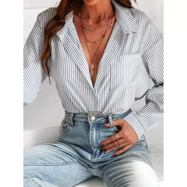 imageCUPSHE Women Long Sleeve Button Down Tops Casual Loose Fit V Neck Stripe BlouseBlue