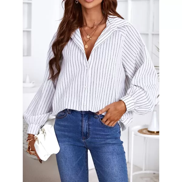 imageCUPSHE Women Long Sleeve Button Down Tops Casual Loose Fit V Neck Stripe BlouseWhite