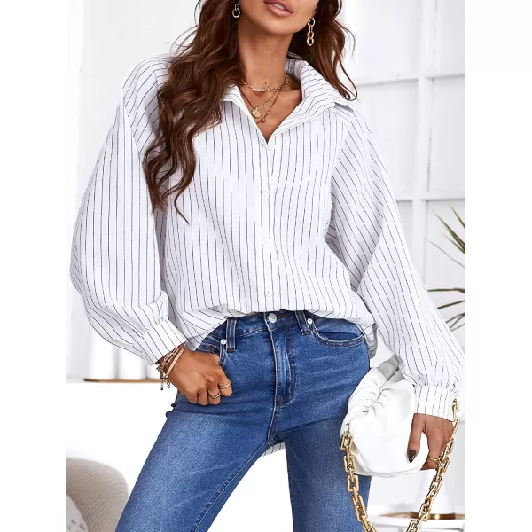 imageCUPSHE Women Long Sleeve Button Down Tops Casual Loose Fit V Neck Stripe BlouseWhite
