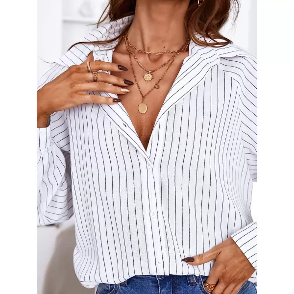 imageCUPSHE Women Long Sleeve Button Down Tops Casual Loose Fit V Neck Stripe BlouseWhite