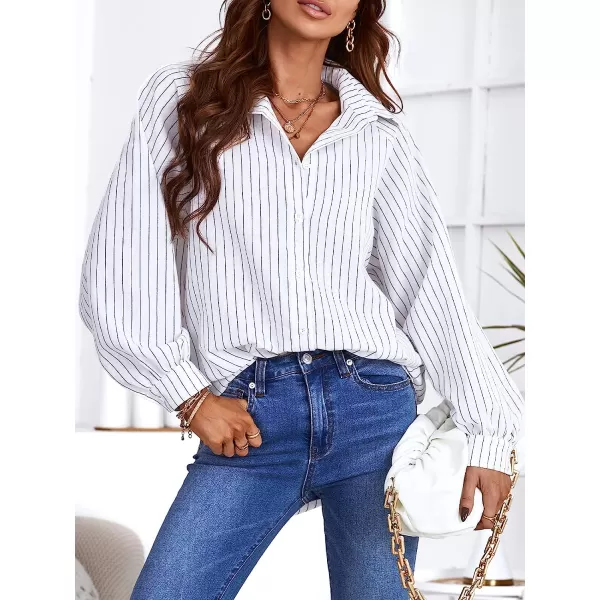 imageCUPSHE Women Long Sleeve Button Down Tops Casual Loose Fit V Neck Stripe BlouseWhite