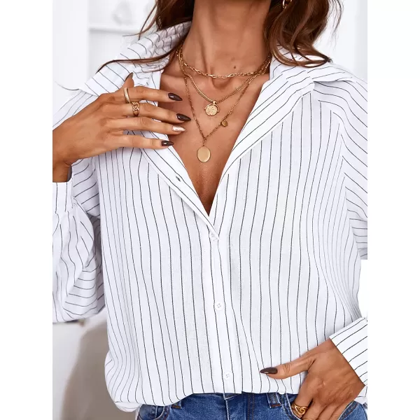 imageCUPSHE Women Long Sleeve Button Down Tops Casual Loose Fit V Neck Stripe BlouseWhite