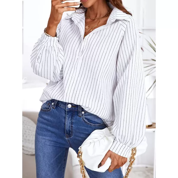 imageCUPSHE Women Long Sleeve Button Down Tops Casual Loose Fit V Neck Stripe BlouseWhite